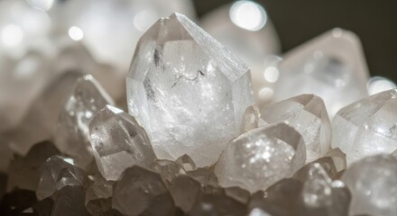 Closeup of a cluster of clear quartz crystals, showcasing their natural facets and translucent quality, creating a mesmerizing display of geological beauty