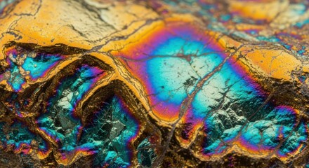 Iridescent bornite rock, also known as peacock ore, displays a vibrant spectrum of colors due to surface oxidation, creating a stunning geological specimen