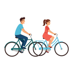 Obraz premium A man and a woman are riding bicycles side-by-side, enjoying a leisurely ride.
