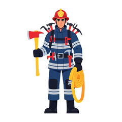 Fototapeta premium Firefighter in uniform holding an axe and a hose, with tools attached to his back.