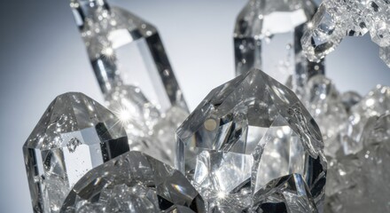 A closeup of clear quartz crystals, showcasing their sharp points and transparent clarity, isolated on white background, creates a stunning visual display
