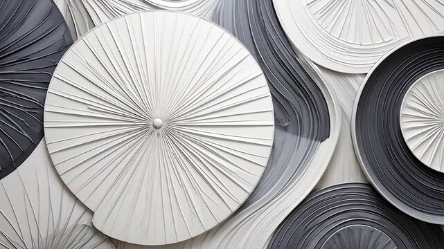 Abstract monochrome relief pattern of radiating lines and concentric rings forming circular shapes