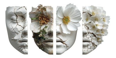 Artistic Representation of Fragmented Faces with Floral Elements in Clean Design