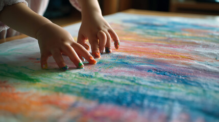 A young girl with an Asian background is finger painting on a large sheet of paper at home. She uses various colors, showing her creativity and enjoyment in the artistic process