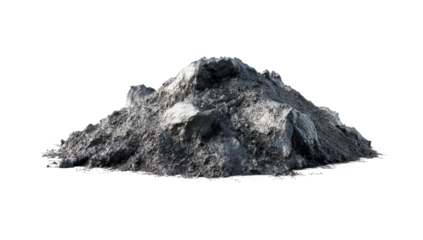 A pile of dark grey ash isolated on transparent background, showing the remnants of a fire or combustion process, with a rough and uneven surface texture
