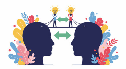 Two stylized human heads in profile face each other, symbolizing communication and idea exchange with glowing lightbulbs and colorful abstract elements.