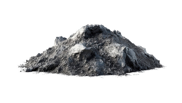 A pile of dark grey ash isolated on transparent background, showing the remnants of a fire or combustion process, with a rough and uneven surface texture