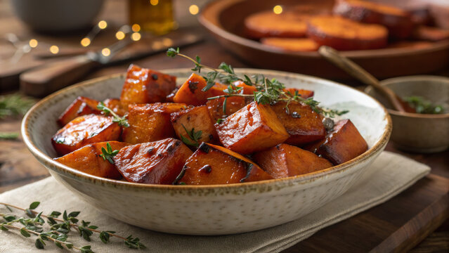 Fall dinner party thanksgiving gathering holiday roasted sweet potato cubes glazed with herbs and spices plated for cozy family gathering with