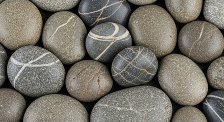 Overhead view of smooth, rounded beach pebbles with natural patterns and textures, creating a calming and organic aesthetic, perfect for spa or naturethemed designs