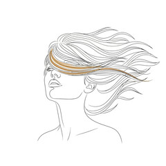 Vector art of abstract line art of a womans profile with flowing hair and a golden accent, , evoking beauty, elegance, and artistic expression