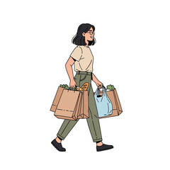 A woman walks while carrying several grocery bags filled with food items in her arms.