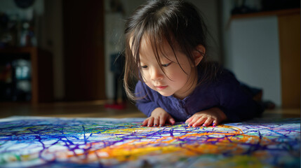 In a bright and cheerful room, a little Asian girl focuses on her colorful finger painting on a large sheet of paper. She shows creativity and joy while exploring art