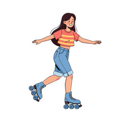 A smiling young woman with long hair is roller skating with her arms outstretched for balance.
