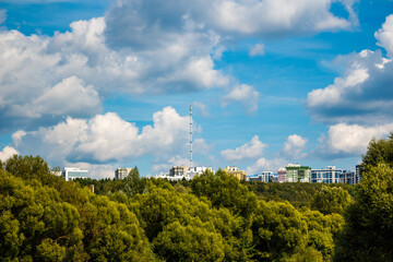 City buildings and a comms tower crest above a lush green tree line. Bright blue sky with fluffy cumulus clouds on a clear day