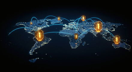 Global digital network illustration, showcasing interconnected data hubs and communication pathways spanning continents, symbolizing advanced technological infrastructure and worldwide connectivity