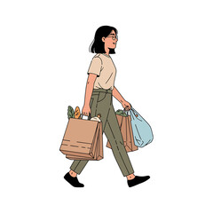 Illustration depicts a woman walking with shopping bags filled with groceries.