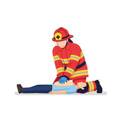 A firefighter in uniform performs CPR on a person lying on their back.