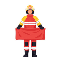 A firefighter in full gear holding a red banner against a white background.