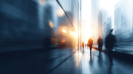A bustling urban scene at sunset, with blurred figures walking along a reflective pavement, surrounded by towering skyscrapers.
