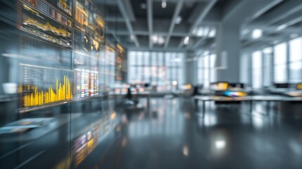 Fototapeta premium A modern office space featuring digital screens displaying data analytics and financial graphs, with a sleek, professional atmosphere.