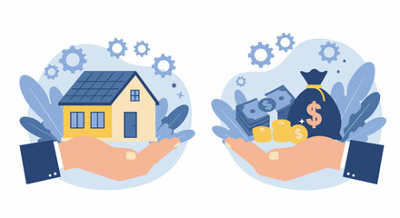 An illustrated vector graphic showcasing financial concepts, with hands holding a house and a money bag, representing investment and wealth management in a modern, flat design style.