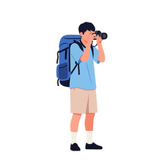 A young person with a backpack taking a photograph with a camera.