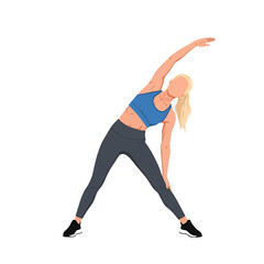 A woman in athletic wear stretching her body, reaching towards the sky.