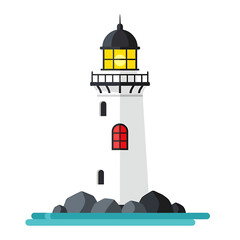 Illustration of a white lighthouse with a glowing yellow light, standing on rocks in blue water.