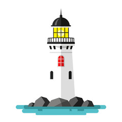 A white lighthouse with a black dome stands on rocks surrounded by blue water, emitting a bright yellow light.