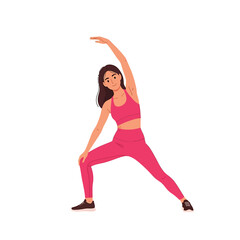 A woman in pink activewear stretches, performing a side bend exercise.