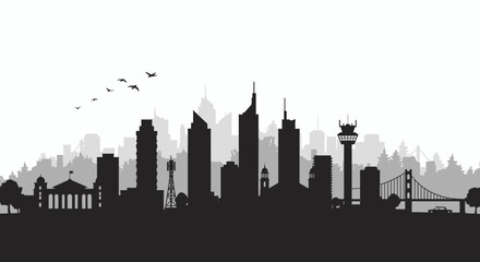 Fototapeta premium A monochromatic vector silhouette of a bustling city skyline, featuring iconic buildings and structures, perfect for business and financial themes, set against a clean white background.