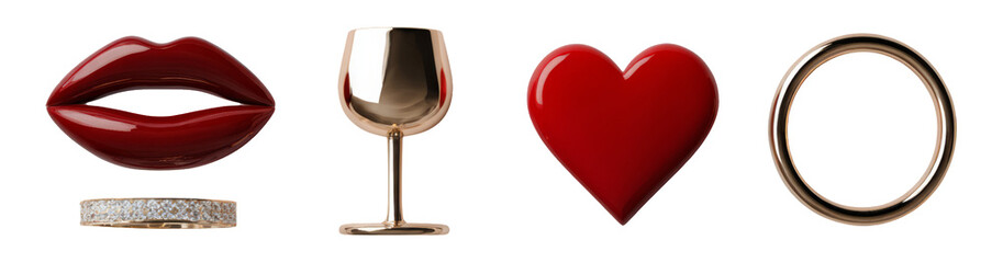 Elegant Red Lips, Glass, Heart, and Ring Isolated on Transparent Background