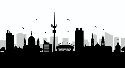 Modern city skyline silhouette featuring diverse architectural styles, including skyscrapers and historical buildings, against a clear sky.
