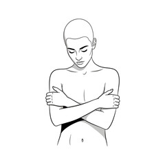 Vector art of minimalist line art portrait of a person with a shaved head, arms crossed protectively, head bowed, conveying vulnerability, introspection, or selfcomfort