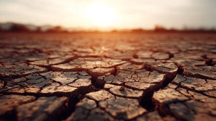 Fototapeta premium A close-up view of cracked soil under a warm sunset, highlighting the effects of drought and environmental change.