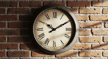 A rustic clock with roman numerals mounted on a textured brick wall, casting shadows and creating a vintage aesthetic