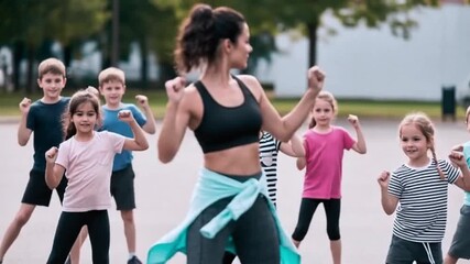 A junior fitness instructor guiding kids in outdoor training and fun exercise. Generative AI