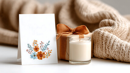 A charming floral blank greeting card placed beside a wrapped gift with satin ribbon and a softly glowing scented candle, with copy space for text