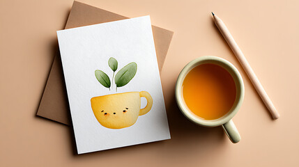 An inspirational greeting card with copy space placed beside a cup of tea and a pen, creating a calm, reflective mood