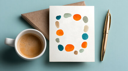 An inspirational greeting card with copy space placed beside a cup of tea and a pen, creating a calm, reflective mood