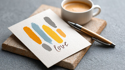 An inspirational greeting card with copy space placed beside a cup of tea and a pen, creating a calm, reflective mood