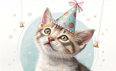 A sweet tabby kitten with bright blue eyes wears a festive party hat, surrounded by colorful confetti and a flag garland, ready for a birthday celebration.