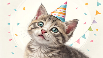 A sweet tabby kitten with bright blue eyes wears a festive party hat, surrounded by colorful confetti and a flag garland, ready for a birthday celebration.