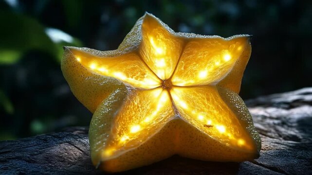Star shaped fruit illuminated highlighting the texture and details against dark background