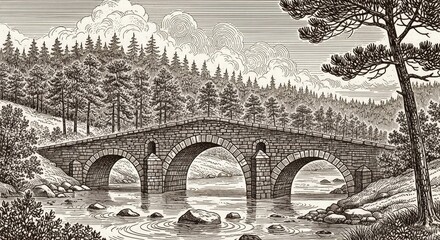 Stone arch bridge river landscape engraving vintage illustration nature forest trees clouds scenic view