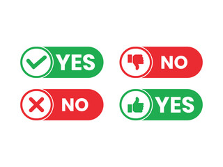 Yes no icon. Circle with a check mark and a cross.   Red no icon. Green on sign set.  Isolated yes no vector icons.