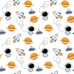Cute Space Seamless Pattern with Astronaut, Rocket, Planet, and UFO for Kids Fabric and Wallpaper