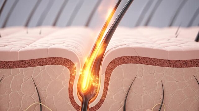 Close-up of a hair follicle and scalp skin with a glowing hair strand, illustrating hair growth, scalp health, dermatology, and hair care technology for beauty and skincare industries
