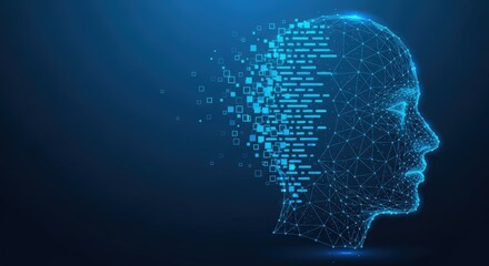 A digital head disintegrating into glowing blue data pixels