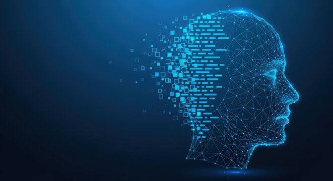 A digital head disintegrating into glowing blue data pixels